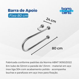 Barra de apoio Fixa para vaso sanitário 80 cm em aço inox lado esquerdo - Barracerta - 4