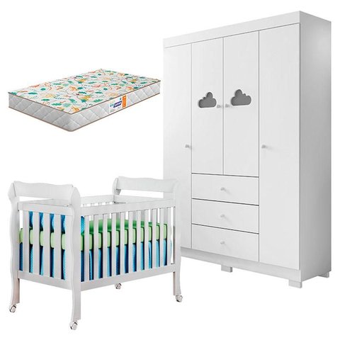 Berço Americano Lila e Guarda Roupa Infantil Ane Branco Brilho com Colchão Gazin – Phoenix Baby