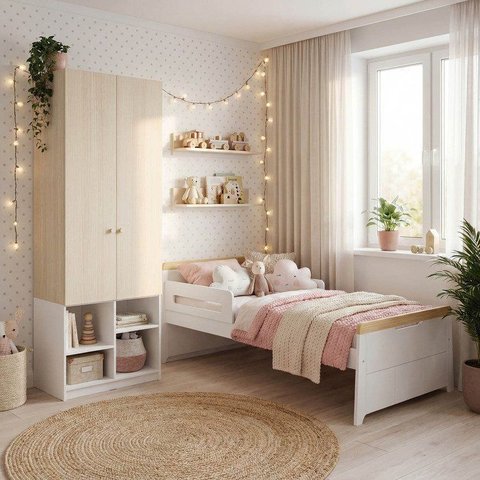Quarto Infantil Cama com Grades Petit e Guarda Roupa Curió 2 Portas Casatema MadeiraOriginals Branco