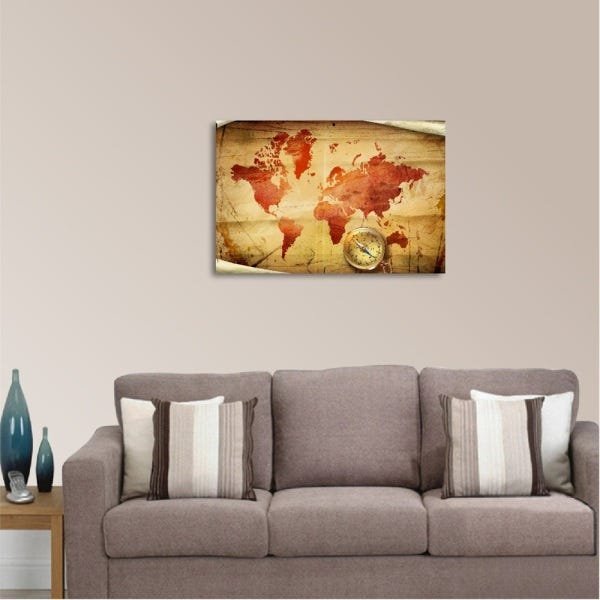 Quadro Mapa Mundi Vintage Bússola 60x40 Tela em Tecido - 2