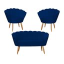 Ver imagem 1 de Kit Namoradeira + 2 Poltronas Decorativa Pétala Suede Azul Marinho Pés Madeira Ms Decor