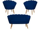 Ver imagem 1 de Kit Namoradeira + 2 Poltronas Decorativa Pétala Suede Azul Marinho Pés Madeira Ms Decor