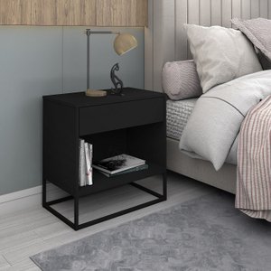 Mesa de Cabeceira Preta com Nicho e 1 Gaveta Base de Ferro