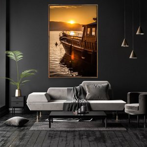 Quadro Decorativo Tela Vertical Barco Por do Sol Com Moldura e Sem Vidro 40X60