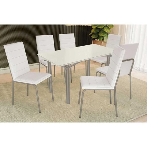 Conjunto: Mesa de Cozinha Elba Tampo Madeirado C/ Vidro 160cm e 6 Cadeiras Amsterdã Niquel/off