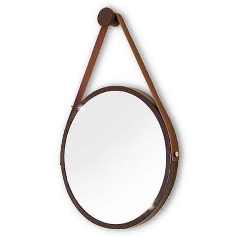 Espelho Redondo Decorativo Suspenso com Alça 30cm + Suporte Marrom Alça Caramelo