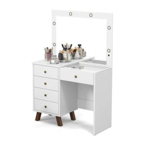 Penteadeira Quarto Camarim com 5 Gavetas Mesa Maquiagem Led Retro Mel Branco Patrimar
