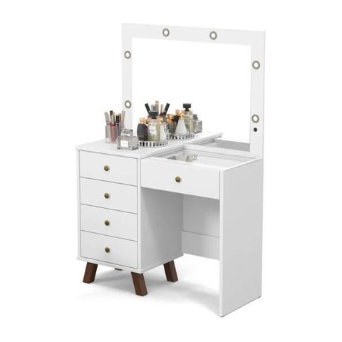 Penteadeira Quarto Camarim com 5 Gavetas Mesa Maquiagem Led Retro Mel Branco Patrimar