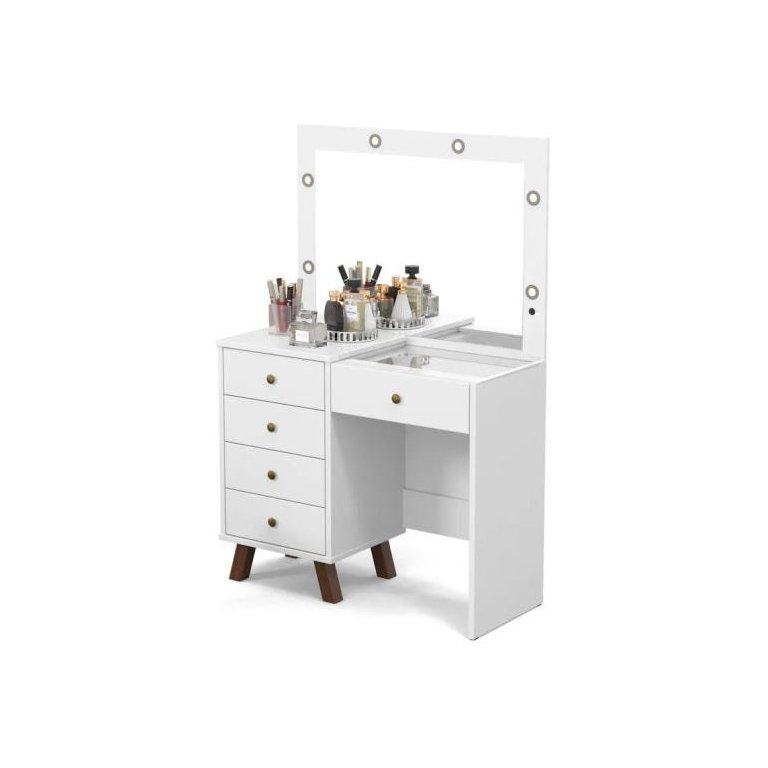 Penteadeira Quarto Camarim com 5 Gavetas Mesa Maquiagem Led Retro Mel Branco Patrimar
