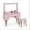 Ver imagem 1 de Penteadeira Camarim com Espelho Banqueta Iluminação em Led e 5 Gavetas Rosa Strass Patrimar Móveis
