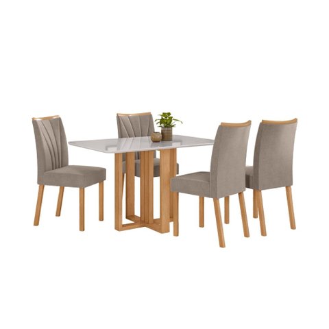 Conjunto Sala de Jantar Mesa Téssera 120 Tampo Vidro Off White com 4 Cadeiras Téssera - Lopas Amendo