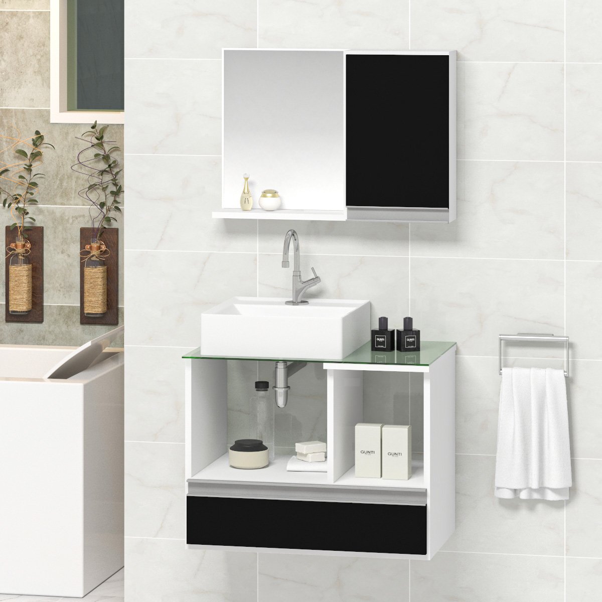 Conjunto Gabinete Banheiro Venus 60cm Branco/Preto - Gabinete + Cuba + Espelheira + Tampo Vidro - 1