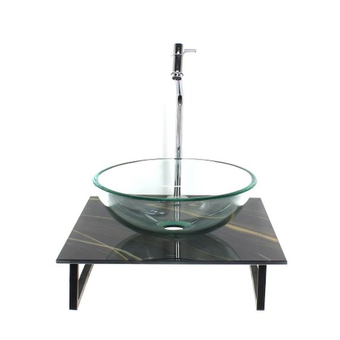 Gabinete de Vidro com Cuba Redonda Incolor com Tampo de Vidro 40cm X 40cm Mármore Preto Dourado