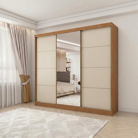 Guarda-roupa com Espelho 270cm 3 Portas 6 Gavetas Nexus Bianchi Nature Off