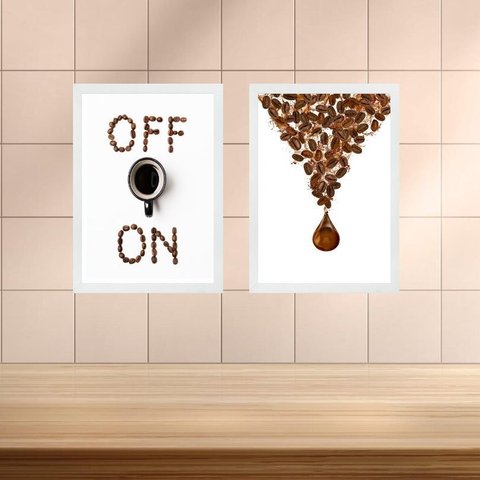 Kit 2 Quadros Minimalistas Café On - Off 24x18cm - com Vidro:moldura Branca