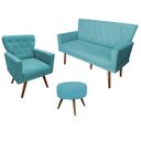 Ver imagem 1 de Kit Namoradeira + 1 Poltrona Decorativa Aurora + Puff Redondo Suede Azul Tifany Pés Madeira Ms Decor