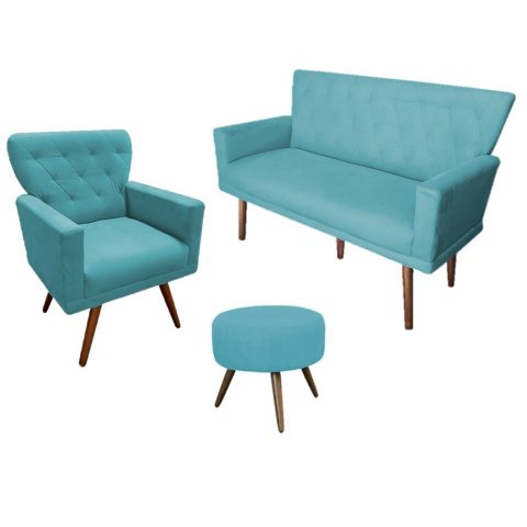 Kit Namoradeira + 1 Poltrona Decorativa Aurora + Puff Redondo Suede Azul Tifany Pés Madeira Ms Decor