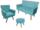 Ver imagem 1 de Kit Namoradeira + 1 Poltrona Decorativa Aurora + Puff Redondo Suede Azul Tifany Pés Madeira Ms Decor