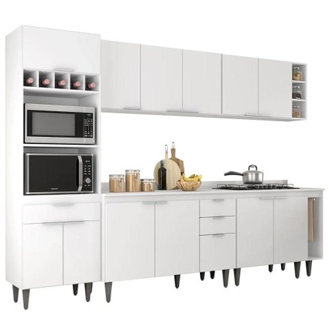 Armário de Cozinha com Tampo CP07 280cm Pérola Branco Z34 - Mpozenato