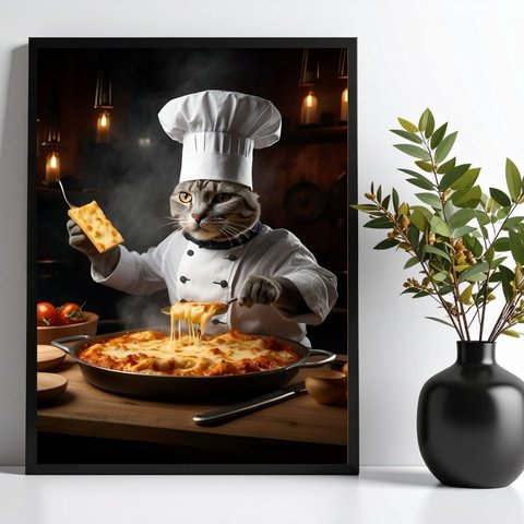 Quadro Gato na Cozinha - Chef 33x24cm:moldura Preta