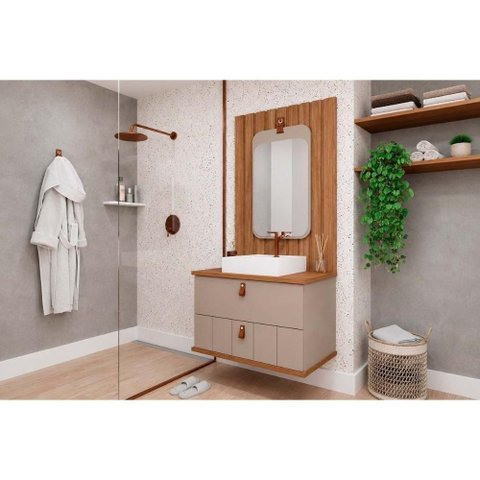 Conjunto Banheiro Milano C-Cuba 80cm 1 Porta 1 Gaveta MDF 80cm Cappuccino MGM
