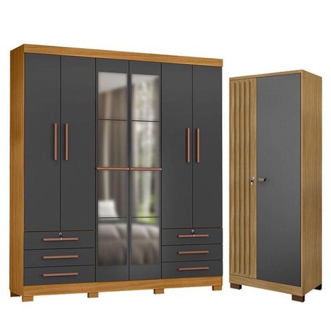 Guarda Roupa Casal Londres com Espelho e Armário Multiuso Versatile Carvalho Americano Grafite -