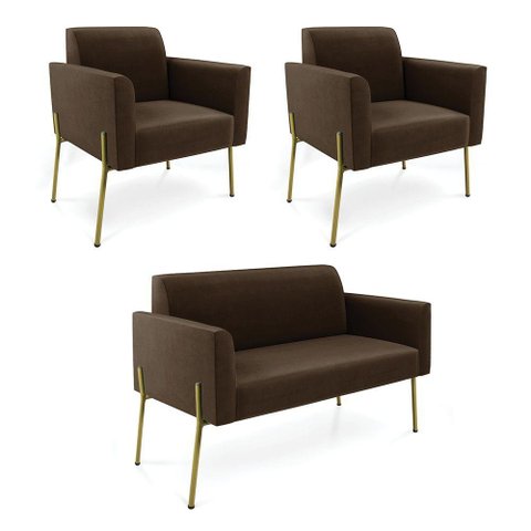 Sofá Namoradeira e 2 Poltronas Pé de Ferro Dourado Marisa Suede Marrom D03
