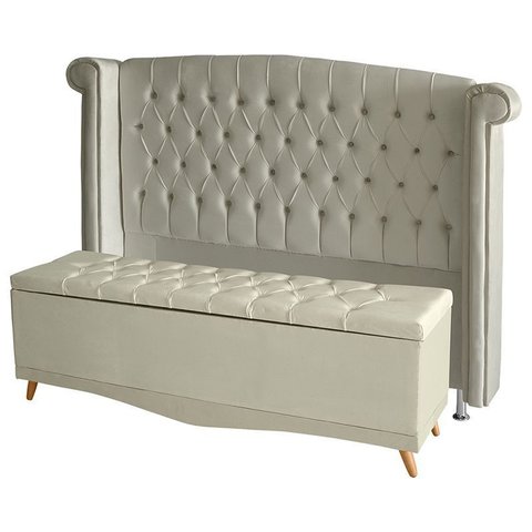 Kit de Quarto Cabeceira de Cama Box e Calçadeira Baú Toquio Casal Queen 160 Cm Suede Porcelana
