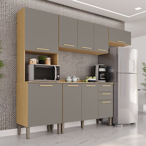 Cozinha Compacta Modulada 4 Peças 9 Portas 2 Gavetas Bella Cinza/Jequitibá/Granizo