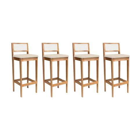 Kit 4 Banquetas Madeira Mel para Bandada com Encosto Palha Rattan