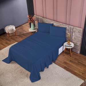 Kit Roupa de Cama 400 Fios Queen 4 Peças Toque de Cetim Cor:azul