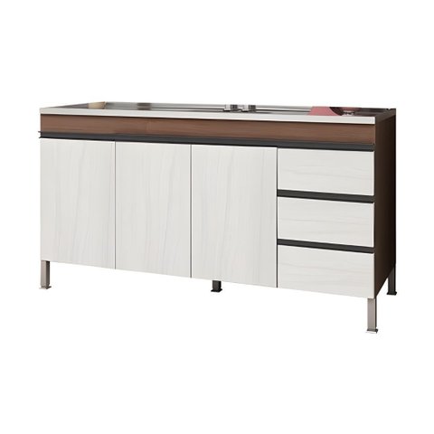 Gabinete Cozinha Multiuso 3 Portas e 3 Gavetas 144cm Armário: Castanho/Legno