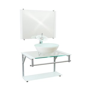 Gabinete de Vidro 60cm Cuba Redonda Branco + Torneira Cascata - DaHora