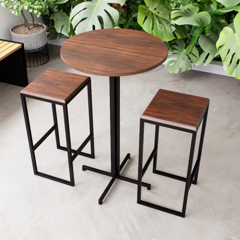 Conjunto Mesa Alta Bar Bistrô Redonda 2 Bancos Imbuia Industrial Black Don Castro Decor Industrial P