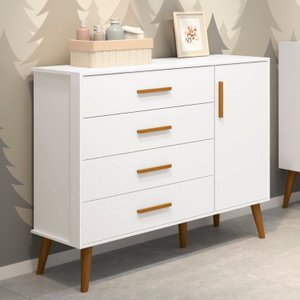 Cômoda Sapateira Infantil 4 Gavetas 1 Porta Isis C/ Pés Retrô P/ Quarto de Bebê Branco Móveis Reller