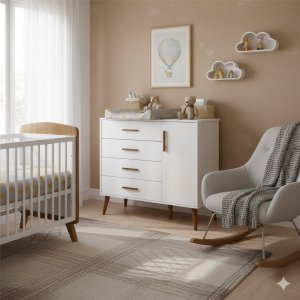 Cômoda Sapateira Infantil 4 Gavetas 1 Porta Isis C/ Pés Retrô P/ Quarto de Bebê Branco Móveis Reller