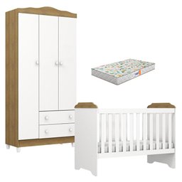 Berço Americano Mini Cama e Guarda Roupa Mel Flat Branco Acetinado Amadeirado com Colchão Gazin - Ca - 1