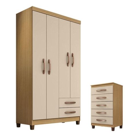 Guarda Roupa Solteiro Modena 4 Portas com Cômoda Gaveteira Cannes na Cor Carvalho Americano Off