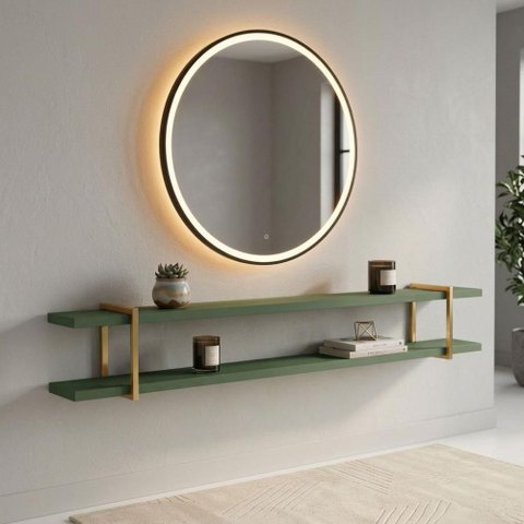 Prateleira Suspensa Multiuso 180cm MDF Suporte Metal Parede Musgo com Dourado Casa Lar Shop