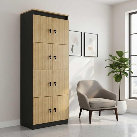 Armário Locker Guarda Volume 8 Portas com Chave 60x160cm ME4202 Amêndoa e Preto - Tecnomobili