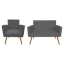 Ver imagem 1 de Kit Namoradeira + 1 Poltrona Decorativa Nina Capitonê Suede Cinza Pés Madeira Ms Decor