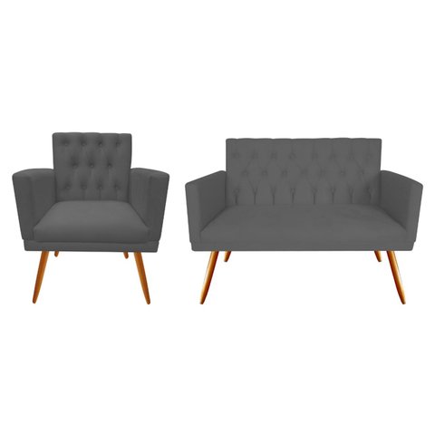Kit Namoradeira + 1 Poltrona Decorativa Nina Capitonê Suede Cinza Pés Madeira Ms Decor