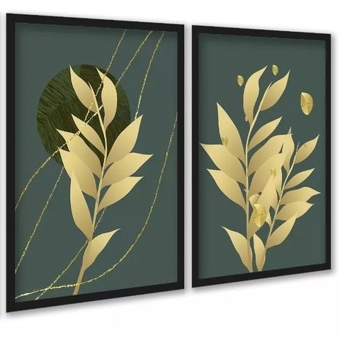 Kit 2 Quadros Folhas Verde Musgo com Dourado 33x24cm - com Vidro:moldura Branca