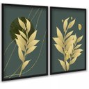 Ver imagem 1 de Kit 2 Quadros Folhas Verde Musgo com Dourado 33x24cm - com Vidro:moldura Branca