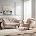 Ver imagem 2 de Kit Namoradeira + 1 Poltrona Decorativa Dália Suede Bege Pés Madeira Mz Decor