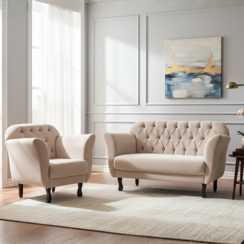 Kit Namoradeira + 1 Poltrona Decorativa Dália Suede Bege Pés Madeira Mz Decor
