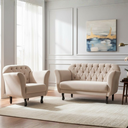 Ver imagem 1 de Kit Namoradeira + 1 Poltrona Decorativa Dália Suede Bege Pés Madeira Mz Decor