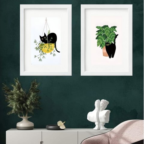 Kit 2 Quadros Gato com Plantas - 60x48cm:madeira Branca