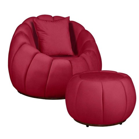 Kit Poltrona Base Giratória C/ Almofada e Puff Concha Veludo Cor Vermelho