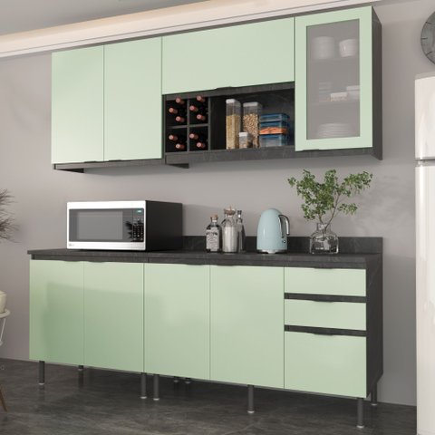 Cozinha Compacta Freijó L200cm 8 Portas 3 Gavetas Cz1200 Cor: Verde Mar